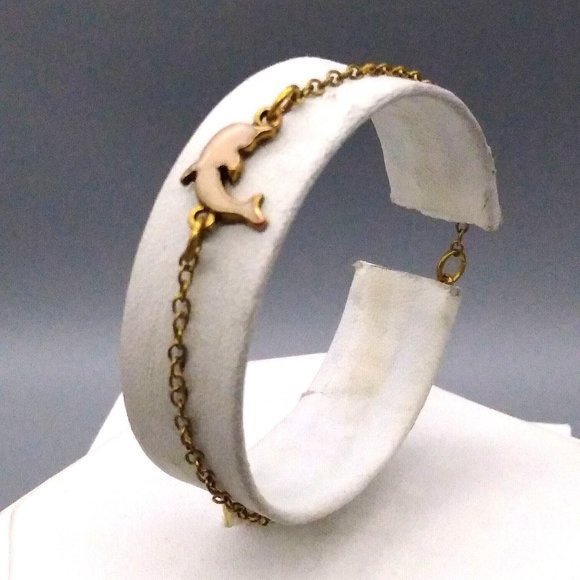 Vintage Enamel Dolphin Chain Bracelet, Dainty Pale Coral on Gold Tone, Beach - Picture 2 of 3